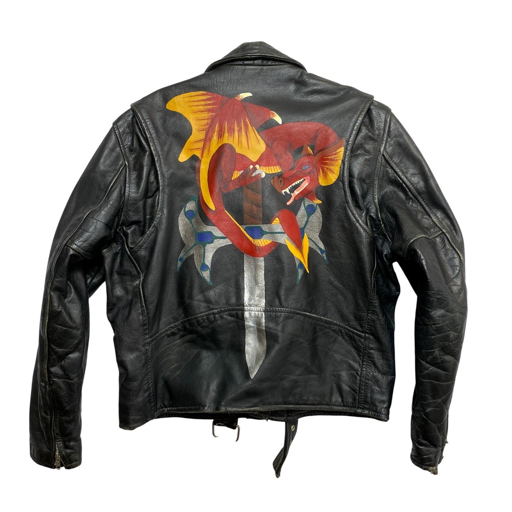 Unik Leather Biker Jacket Mens L Black Hand Painted Dragon Sword Rocker Moto